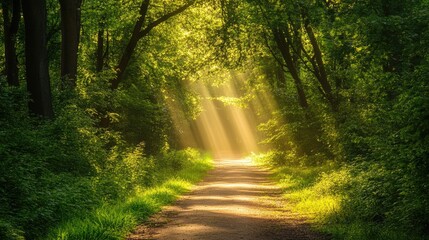 Obraz premium Sunlight Filtering Through Lush Forest Pathway