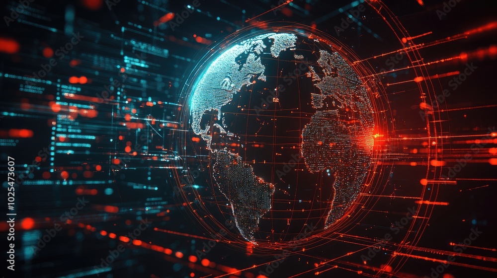 Poster futuristic digital globe with data streams and lights