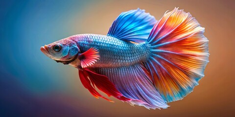 Fototapeta premium A vibrant fish with iridescent scales and a flowing fin display, a symphony of color against a soft gradient backdrop