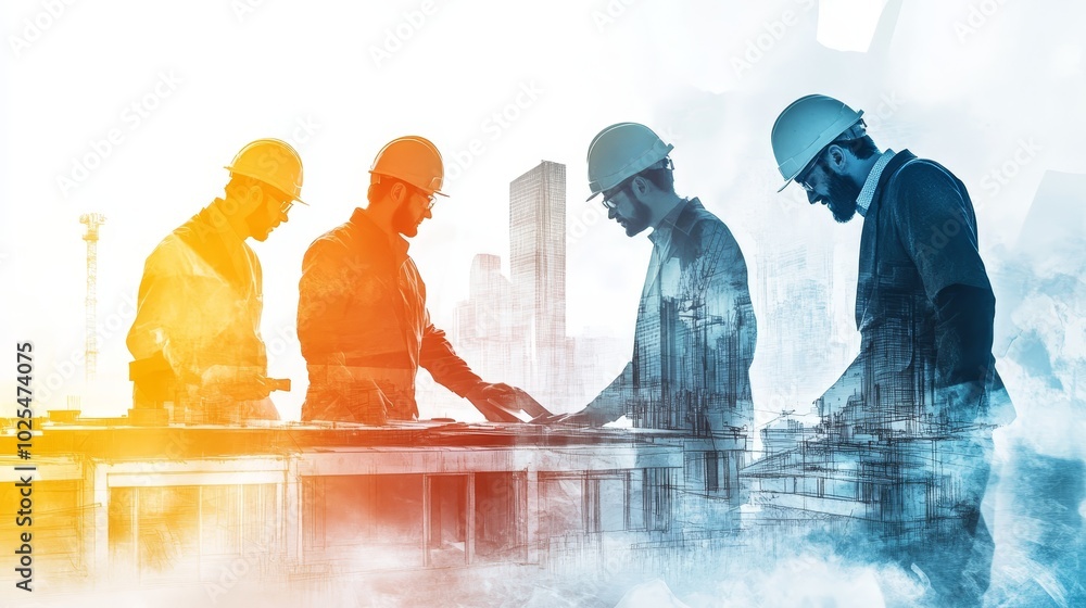 Poster architects and engineers discussing blueprint design in front of cityscape