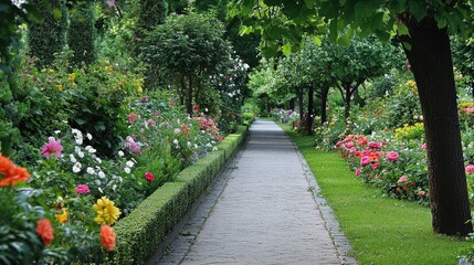 Fototapeta premium Serene Pathway through a Colorful Flower Garden