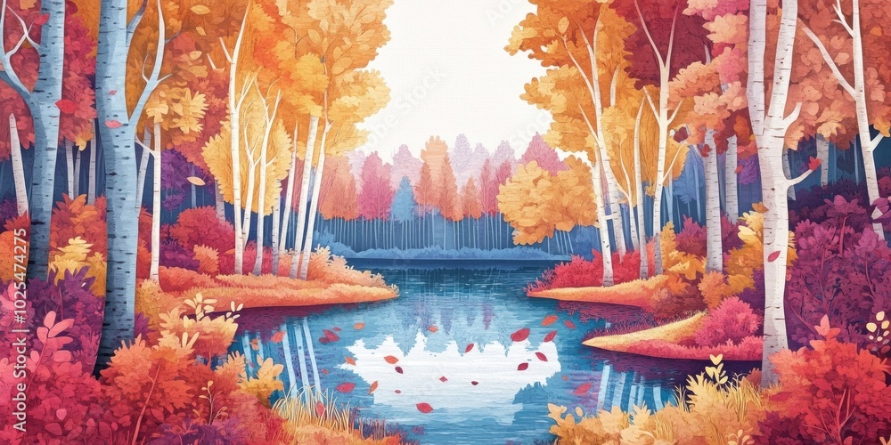 Wall mural Vibrant autumn forest scene by a serene river, showcasing reflections in the tranquil water, Autumn forest by a serene river reflecting in the water