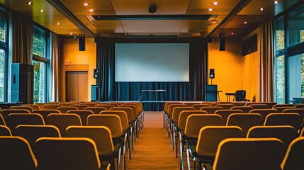 Modern Conference Room with Empty Seats and Screen
