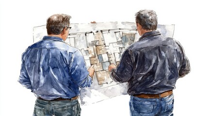 Architects reviewing blueprint for construction project