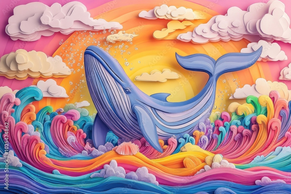 Poster whale flipper creating splashes in the water, whale fin splashing in the ocean
