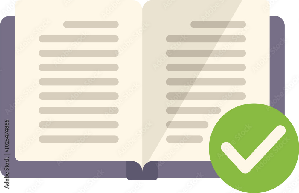 Aufkleber open book with pages of text and a green check mark showing approval