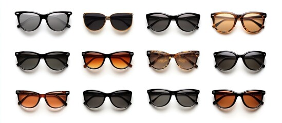 12 pairs of sunglasses with different colored lenses in black and tortoise shell frames, isolated on a white background.