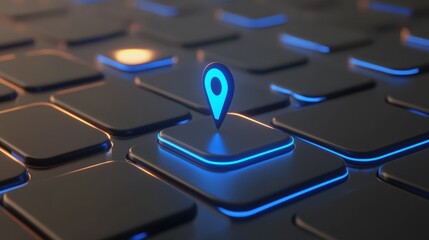 Glowing Blue Location Pin on Abstract Black Surface