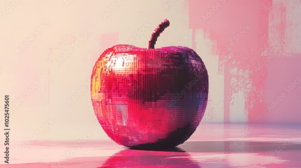 Poster a 3d rendered red apple with a pixelated texture, with a soft pink and white background.