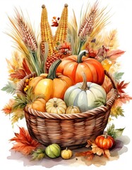 A vibrant watercolor painting of a Thanksgiving harvest with pumpkins and corn arranged in a woven basket. Generative AI