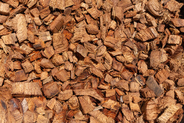 Brown coconut peel chopped nature Ingredient organic.