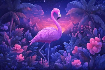 A flamingo stands gracefully as a charming pink bird amidst a vibrant natural garden, Graceful flamingo in vibrant natural garden