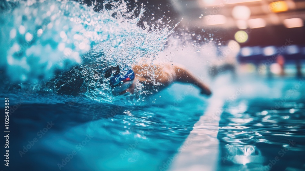 Poster a swimmer makes a powerful entry into the pool, creating a large splash.