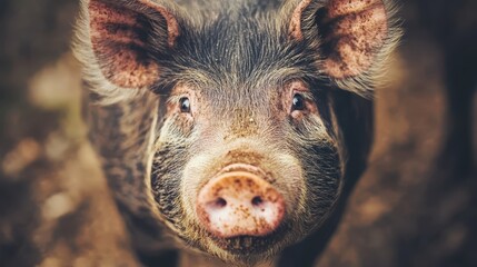 Close Up Portrait of a Piglet with Cute Pink Nose and Big Eyes