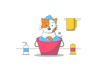 Kitten taking a bath. Cats illustration. Flat vector illustration.