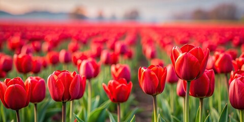 Minimalist field of red tulips with blurred background