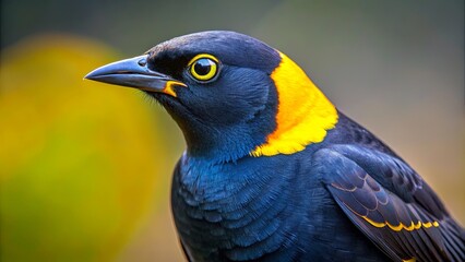 Obraz premium A vibrant bird with black and blue plumage adorned with a striking yellow collar, showcasing a captivating gaze.