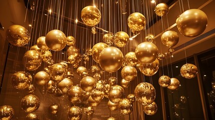 A room filled with floating gold balloons, creating a sense of luxury and celebration, capturing the essence of success and festivity 