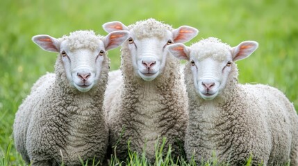 Obraz premium Three Fluffy Sheep Close Up Portrait in Green Grass Field
