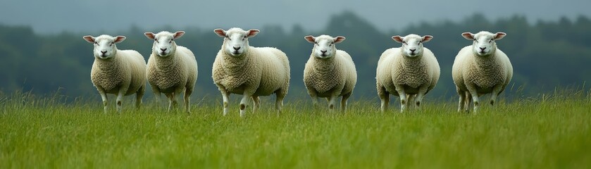 Obraz premium Six Sheep Standing in a Green Field