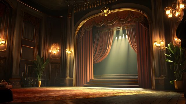 An inviting image of elegantly draped curtains illuminated by a warm, soft glow, highlighting the vintage theater ambiance with deep colors and luxurious textures, perfect for a nostalgic feel 