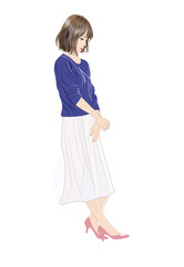 壁に寄り掛かり立つ若い女性イラスト
