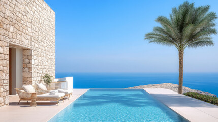 Fototapeta premium A private terrace at summer resort hotel featuring stunning infinity pool overlooking ocean, surrounded by palm tree and serene atmosphere