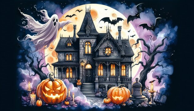 host pumpkin, moon and bats. Mystical house for Halloween postcard. Hand drawing spooky poster