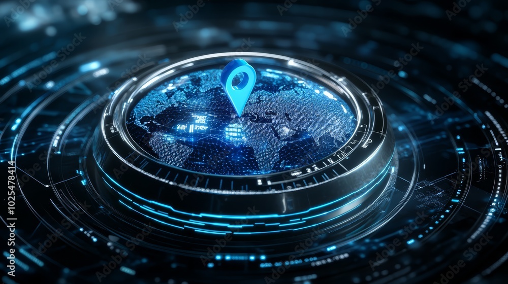 Poster futuristic digital globe with glowing location pin and circular interface