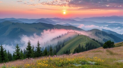 Obraz premium Mountain Landscape with Sunset and Fog