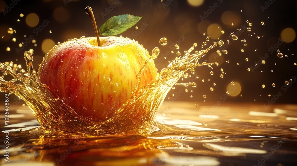 Poster a red apple splashing into a pool of golden liquid, creating a crown of droplets and a sense of fres