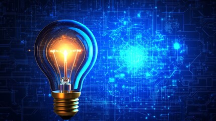 Glowing Light Bulb on Futuristic Circuit Board Background
