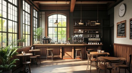 Interior design of cafe with wooden vintage style, decorated with warm and cozy tones, relaxing tones with classic old wood round corner counter and coffee machinery
