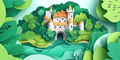 Aerial drone view of a medieval fortress surrounded by lush landscapes, Aerial view of an ancient fortress amidst green landscapes