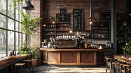 Interior design of cafe with wooden vintage style, decorated with warm and cozy tones, relaxing tones with classic old wood round corner counter and coffee machinery
