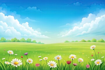 Minimalist green meadow landscape with flowers and blue sky background