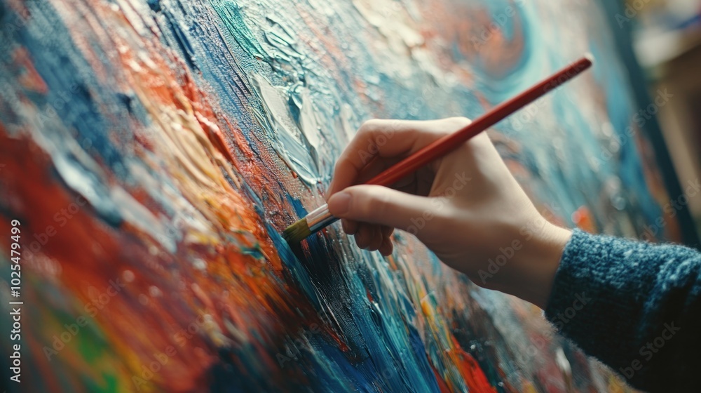 Poster a close-up of a hand painting on a canvas with a red brush, the canvas has a colorful and abstract d