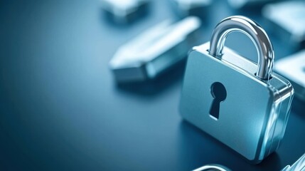 Fototapeta premium Close-up of a metal padlock, symbolizing security and protection, isolated on blue background