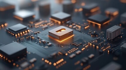 Close-up of a modern computer circuit board with glowing elements.
