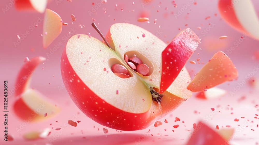 Poster a red apple is sliced in half and exploding into pieces against a pink background.