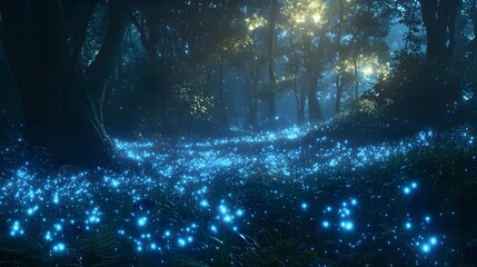 Obraz premium Enchanted scene of a nighttime forest filled with bioluminescent flora and fauna, where ethereal blue and green lights emanate from the vegetation and wildlife, casting a soft glow on the forest 
