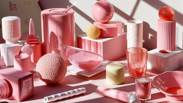 A still life of pink objects arranged on a table in the sunlight