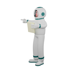 Cartoon Illustration of a Male Astronaut. A male astronaut stands holding a sheet of paper in his left hand and his right hand points in a certain direction. 3D Galactic Style