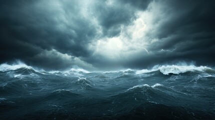 Fototapeta premium Dark stormy sea with turbulent waves under eerie cloudy sky.