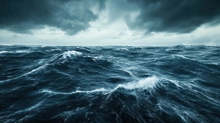 Fototapeta premium Dark stormy ocean waves under dramatic clouded sky, turbulent and moody atmosphere.