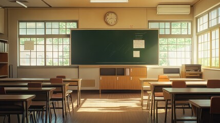Empty Classroom with Sunlight Streaming Through Windows