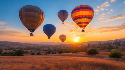 Obraz premium Five colorful hot air balloons soar through the sky at dawn over a vast landscape.