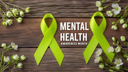 May's lime green ribbon symbolizing Mental Health Awareness Month alongside Mental Health text