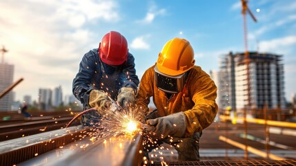 Workers Welding Steel Beams on Construction Site