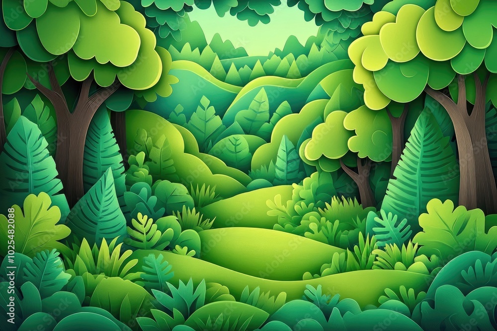 Poster lush evergreen laurel forest featuring moss and ferns in a rural park setting, dense green laurel fo